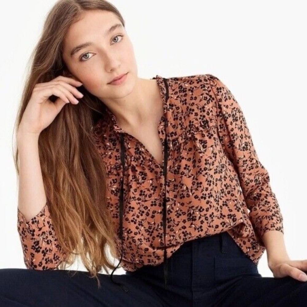 J.Crew POINT SUR BLOSSOM PRINT SILK POPOVER BLOUSE IN CARAMEL EUC